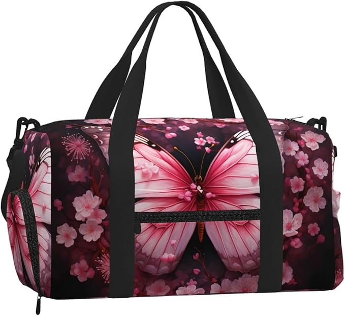 Sports Gym Bag Pink Cherry Blossom Floral Butterfly Travel Duffel Bag With Shoe Compartment Shoulder Strap, Lightweight Water-Resistant Weekend Overnight Totes For Women Men