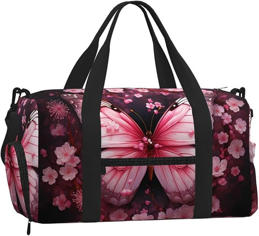 Sports Gym Bag Pink Cherry Blossom Floral Butterfly Travel Duffel Bag With Shoe Compartment Shoulder Strap, Lightweight Water-Resistant Weekend Overnight Totes For Women Men