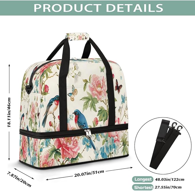 Pink Flower Bird Butterfly Large Weekender Bag with Shoe Compartment Travel Duffel Bags for Women Carry On Hospital Overnight Bag Foldable Personal Item Travel Bags Tote Gym Sports Airplanes