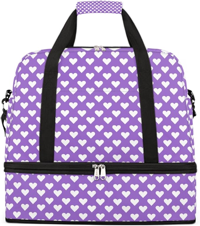Purple White Love Heart Large Weekender Bag with Shoe Compartment Travel Duffel Bags for Women Carry On Hospital Overnight Bag Foldable Personal Item Travel Bags Tote Gym Sports Airplanes