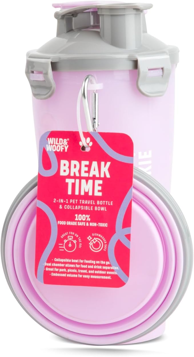 Wild & Woofy Break Time 2-in-1 Pet Travel Bottle and Collapsible Bowl - Lilac