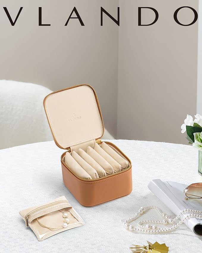 Vlando Travel Jewelry Case,Valentines Gifts,Small Jewelry Box Organizer,Travel Jewelry Storage with 6 Velvet Jewelry Zipper Pockets, Birthday Gifts for Women Girls (Brown)