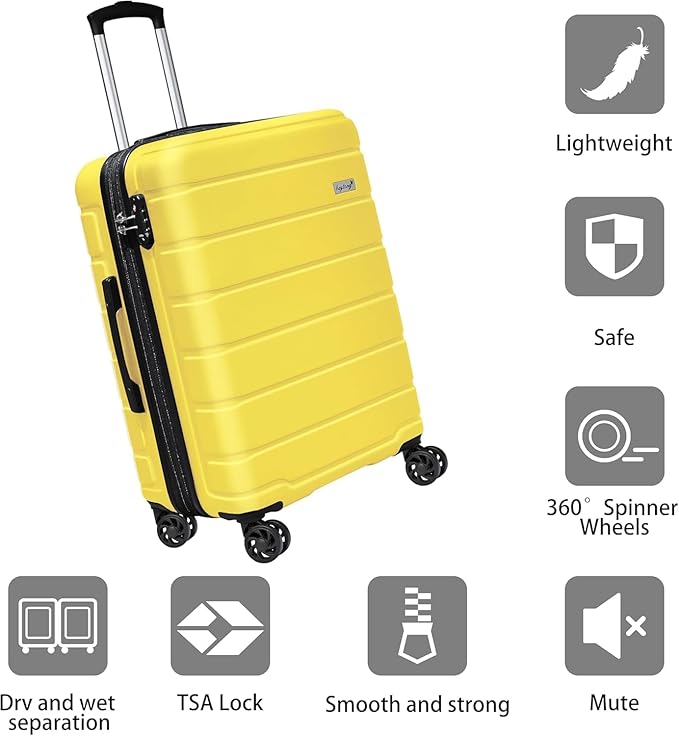 3-Piece Hardshell Luggage Set, Lightweight Expandable Suitcase with TSA Lock and Double Spinner Wheels, 20% Expansion for Extra Packing, Carry-On and Checked Bags, Yellow