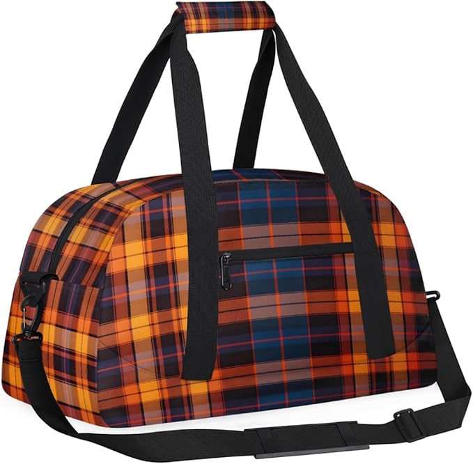 Sports Duffel Bags, Orange Plaid Water-Resistant Gym Duffle Bag for Men Women, Lightweight Weekender Overnight Bag for Fitness, Workout, Travel