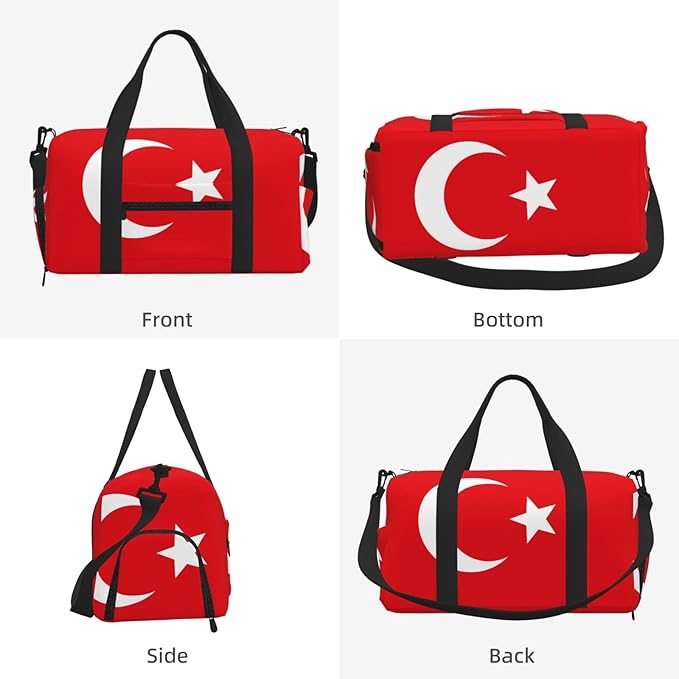 Flag of Turkey Print Gym Bag with Shoe Compartment for Women Men, 17.7in Sports Duffle Weekender Tote, Overnight Travel Duffel Bag Carry On