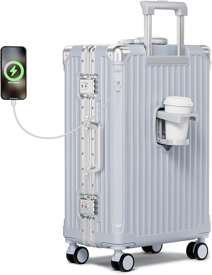 Krute No Zipper Carry On Luggage 20 Inch Suitcase with Wheels PC Aluminum Frame Zipperless Luggages with Cup Holder and Charger Hard Side TSA Approved Travel Suitcases