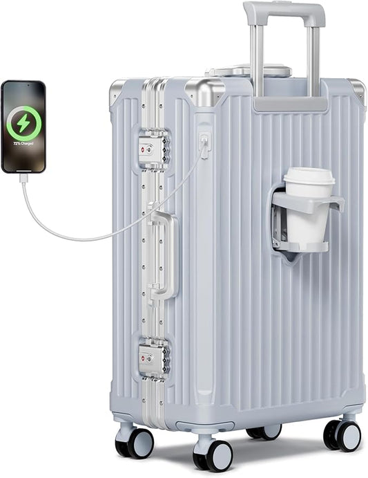 Krute No Zipper Carry On Luggage 20 Inch Suitcase with Wheels PC Aluminum Frame Zipperless Luggages with Cup Holder and Charger Hard Side TSA Approved Travel Suitcases