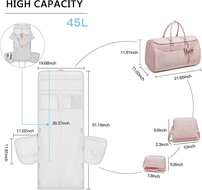 Garment Bags for Travel,45L Carry on Convertible Garment Duffle bag for Men Women - 3 in 1 Hanging Suit Travel Bag with Shoulder Strap (Pink-A)