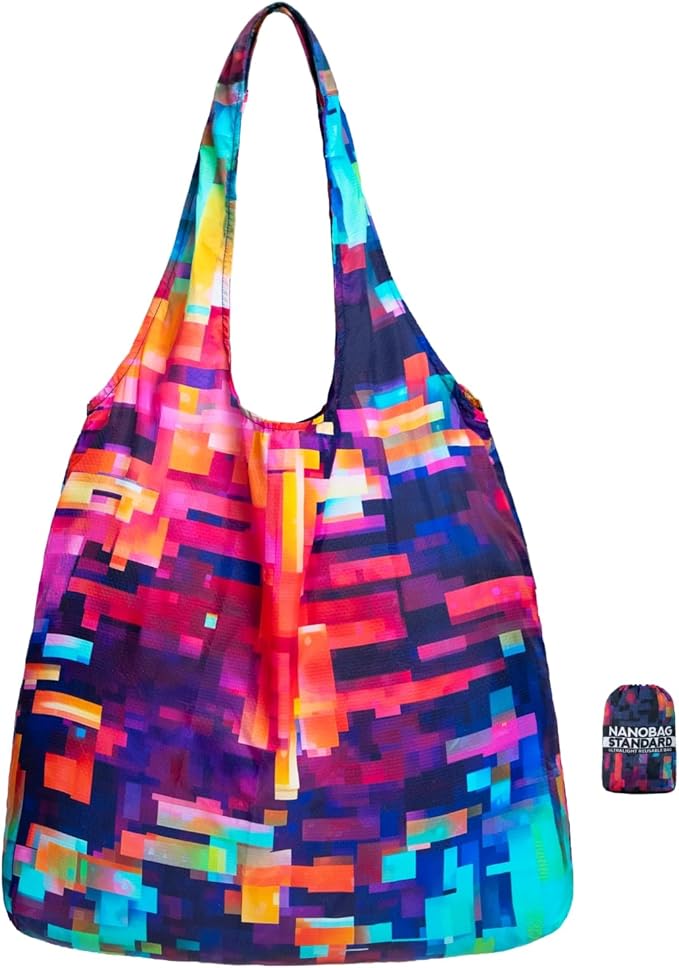 Nanobag Ultralight Foldable Tote for Women & Men, Reusable Grocery & Travel Bag, Packable Collapsible Compact Market Essential (Standard Pixels)