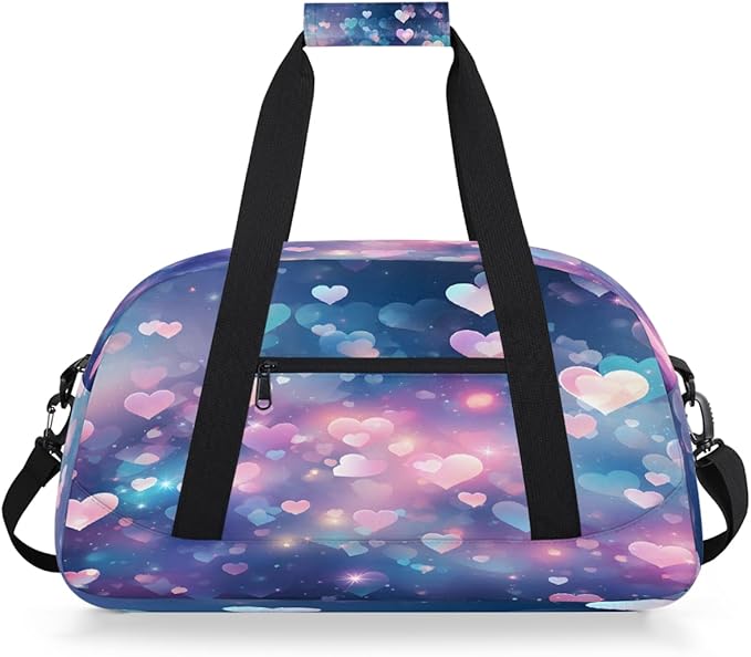 Pastel Heart Glitter Sports Duffel Bags, Water-Resistant Gym Duffle Bag for Men Women, Lightweight Weekender Overnight Bag for Fitness, Workout, Travel