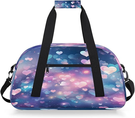 Pastel Heart Glitter Sports Duffel Bags, Water-Resistant Gym Duffle Bag for Men Women, Lightweight Weekender Overnight Bag for Fitness, Workout, Travel