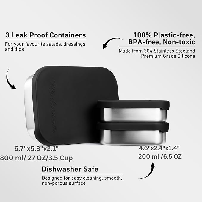 27 OZ Leak proof Stainless Steel Lunch Box containers, Stainless Steel Lunch Containers, Bento box, Metal Lunch Containers, Snacks container, Black, Small - 27 Oz+ 2 * 6.5Oz