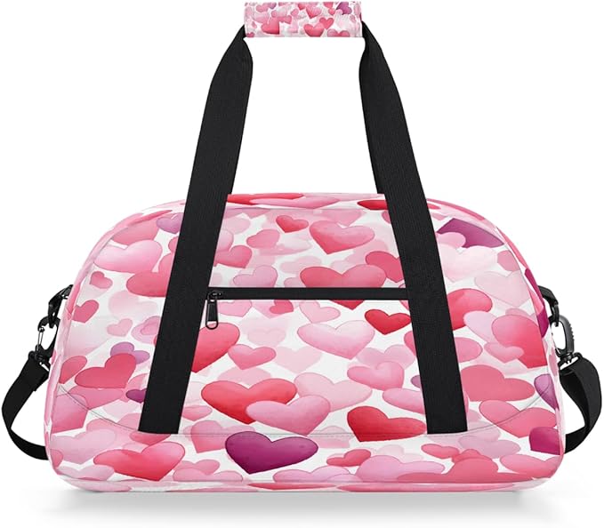 Travel Duffle Bag, Pink Watercolor Heart Pattern Waterproof Weekender Overnight Bags for Women Men Lightweight Carry on Duffle Gym Bag for Travel, Sports, Fitness, Workout