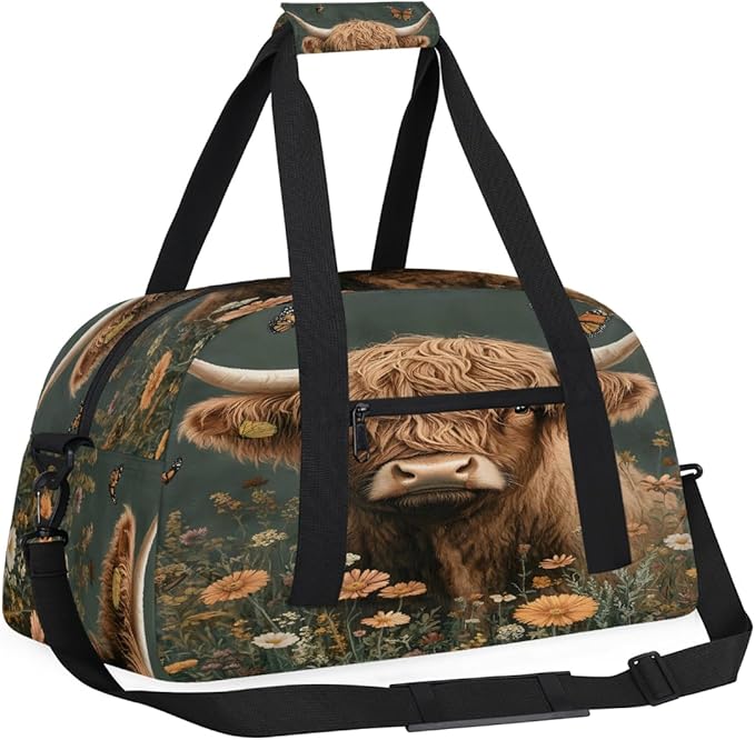 Travel Duffle Bag for travel duffle bag sports Girls Boys Kids Cow High Mountain Cattle Lightweight Overnight Sleepover Weekender Bags Small Dance Gym Sport Bag Teens Carry-On Size Workout Bag