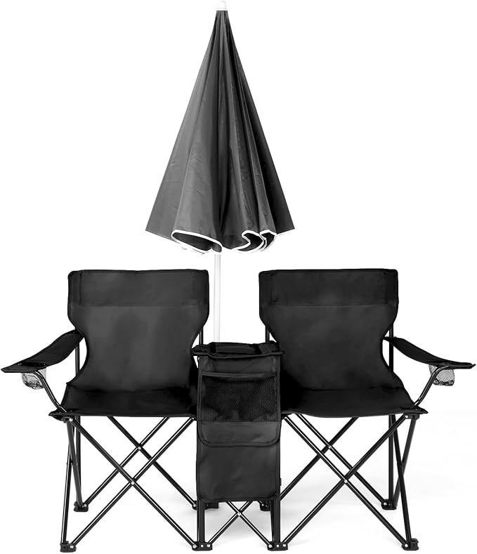 Double Folding Camping Chair W/Umbrella Fold Up Table Beverage Holder Carrying Bag Cooler for Patio Pool Park Outdoor Beach, Picnic, Portable (Black)