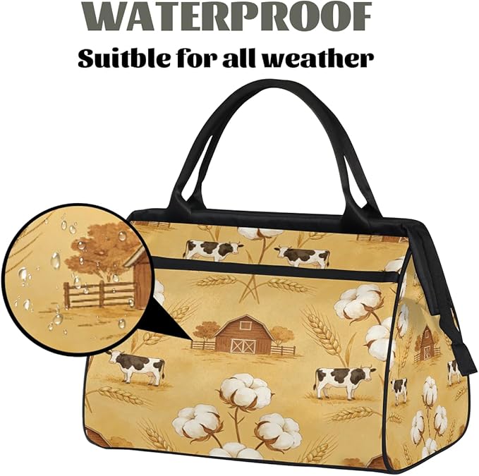 Travel Gym Carrying Bag - Cotton Cow Barn Print Overnight Weekender Bag for Women Men Girls - Shoulder Large Capacity Tote Bag for Travel, Yoga, School,Mommy Hospital Bag for Labor and Delivery