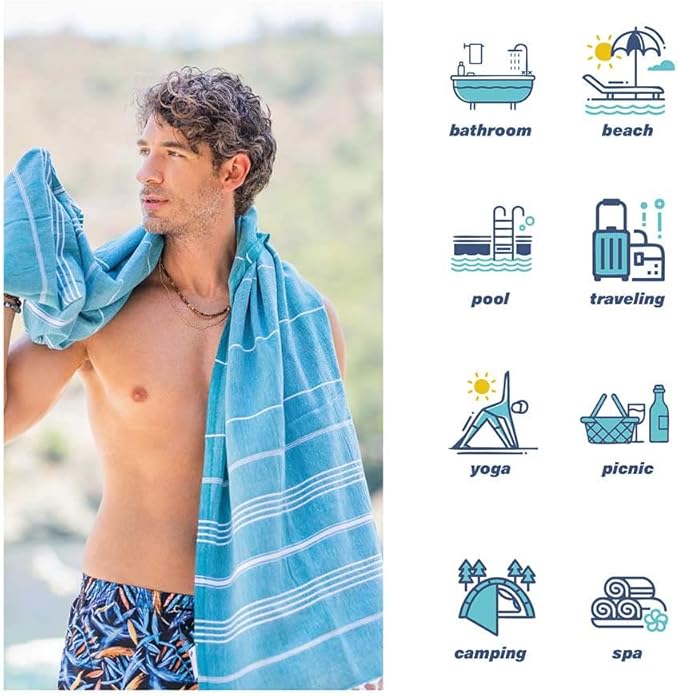 Hencely Turkish Beach Towel 37x68 Oversized, Sand-Free, Quick-Dry, Lightweight - Travel Essential for Pool & Bath - Striped 100% Cotton Bathroom Towels Accessories Gift (Turquoise)