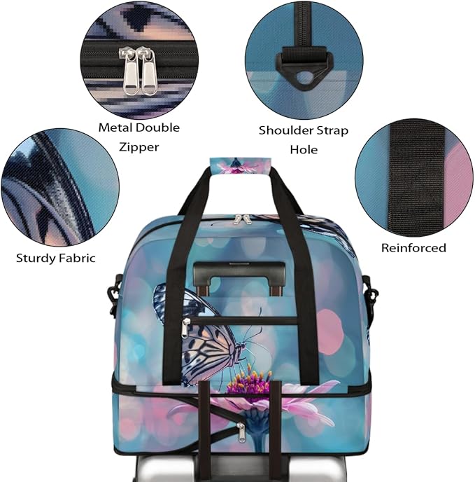 Pink Flower Butterfly Large Weekender Bag with Shoe Compartment Travel Duffel Bags for Women Carry On Hospital Overnight Bag Foldable Personal Item Travel Bags Tote Gym Sports Airplanes