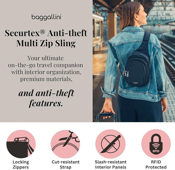 Baggallini Securtex® Anti-Theft Triple Zip Sling - Travel Backpack Sling Bag Crossbody - RFID Wallet Locking Zipper
