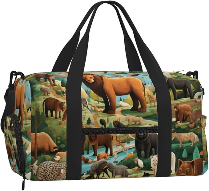 Sports Gym Bag Tropical Forest Animals Educational Travel Duffel Bag With Shoe Compartment Shoulder Strap, Lightweight Water-Resistant Weekend Overnight Totes For Women Men