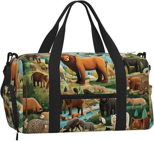 Sports Gym Bag Tropical Forest Animals Educational Travel Duffel Bag With Shoe Compartment Shoulder Strap, Lightweight Water-Resistant Weekend Overnight Totes For Women Men