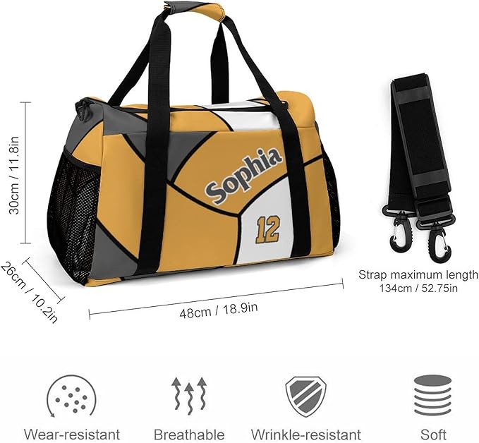 Custom Volleyball Gold Duffel Bag with Name Personalized Travel Bags Sport Gym Bag Carry On Weekender Bags for Men Women