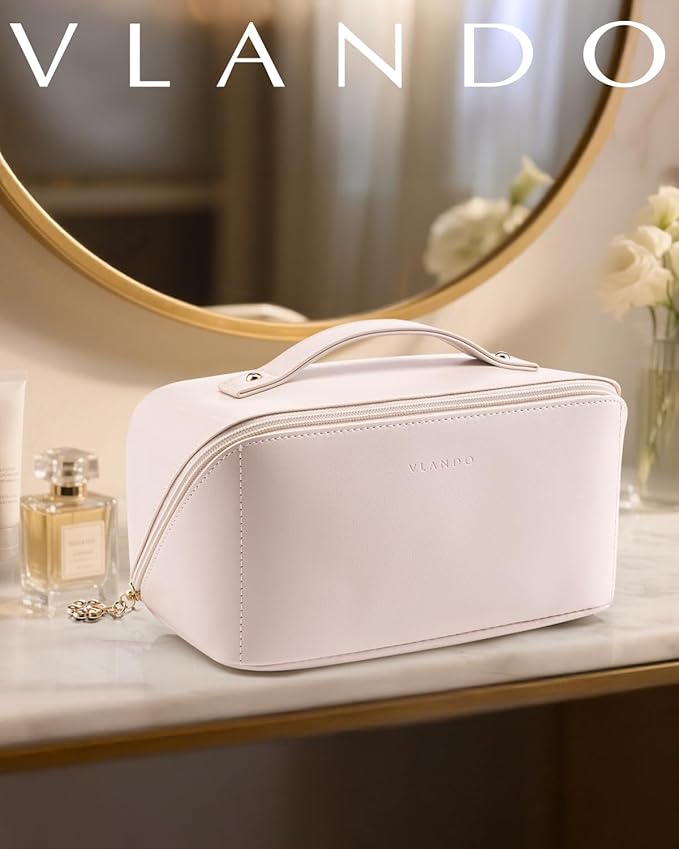 VLANDO Makeup Bag,Travel Toiletry Bag,Cosmetic Bag for Women PU Leather Portable Make up Bag for Skincare, Brushes & Travel Essentials-Apricot Pink