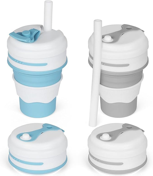 2Pcs Silicone Collapsible Cups Drinking - 16oz Reusable Collapsible Cup with Straw for Hot, Leakproof Coffee Travel Mug - Foldable & Portable for Traveling, Hiking, Camping, Blue & Grey