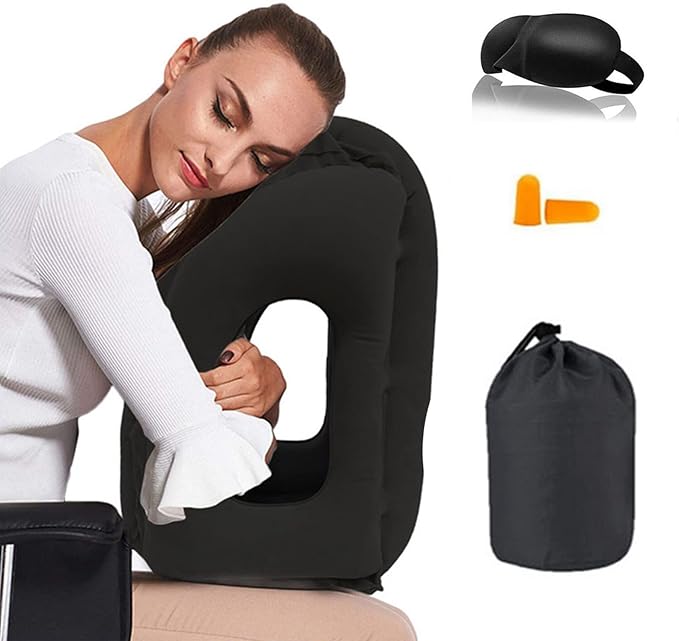 Inflatable Travel Pillow, Airplane Neck Pillow for Sleeping, Supports Head and Chin for Airplanes,Trains,Cars and Office Napping with 3D Eye Mask and Earplugs and Portable Drawstring Bag