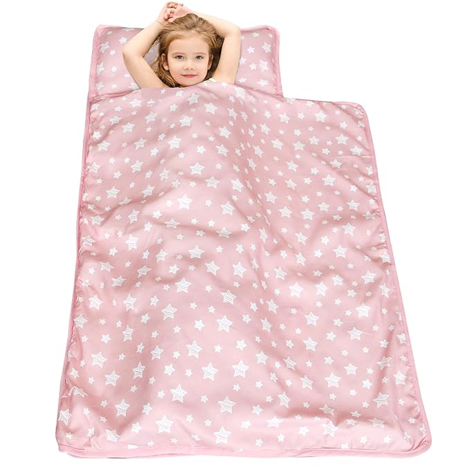 Toddler Nap Mat 2 Pack, Nap Mat for Kids Preschool, Daycare and Fleece Minky Blanket, Lightweight, Soft, Gray and Pink