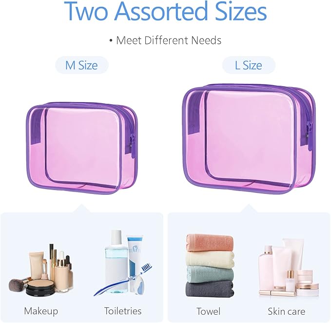 PACKISM TSA Approved Toiletry Bag 2 Pack - 1 Medium TSA Quart Carry-On & 1 Large for Checked Luggage, Water-resistant Clear Makeup Bag Clear Travel Bags for Toiletries, Light Pinkish Purple