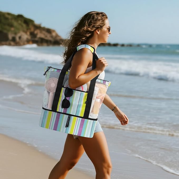 ASL Mesh Beach Bag with Cooler Compartment for Women, 2-in-1 Print Travel Tote 30L with Zipper and Pockets, Pool Picnic