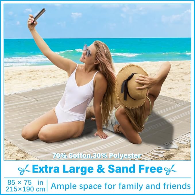 Oversized Turkish Beach Towel Blanket XXL Cotton Sandproof Towels Boho Woven Extra Large Big Sand Free Giant Throw Blankets Huge Quilt XL Picnic Camping Necessities Cloud For Adult Gifts Beige
