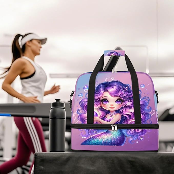 Purple Mermaid Girls Large Weekender Bag with Shoe Compartment Travel Duffel Bags for Women Carry On Hospital Overnight Bag Foldable Personal Item Travel Bags Tote Gym Sports Airplanes