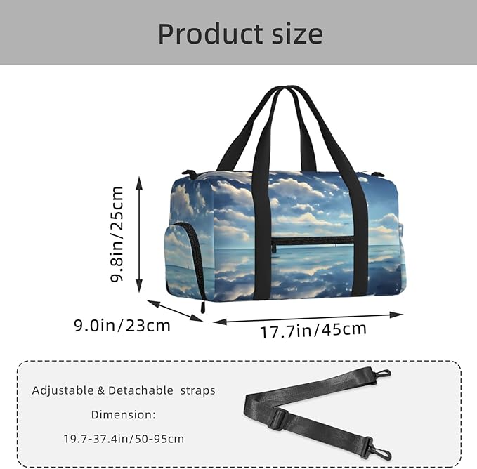 White clouds over the sea Print Gym Bag with Shoe Compartment for Women Men, 17.7in Sports Duffle Weekender Tote, Overnight Travel Duffel Bag Carry On