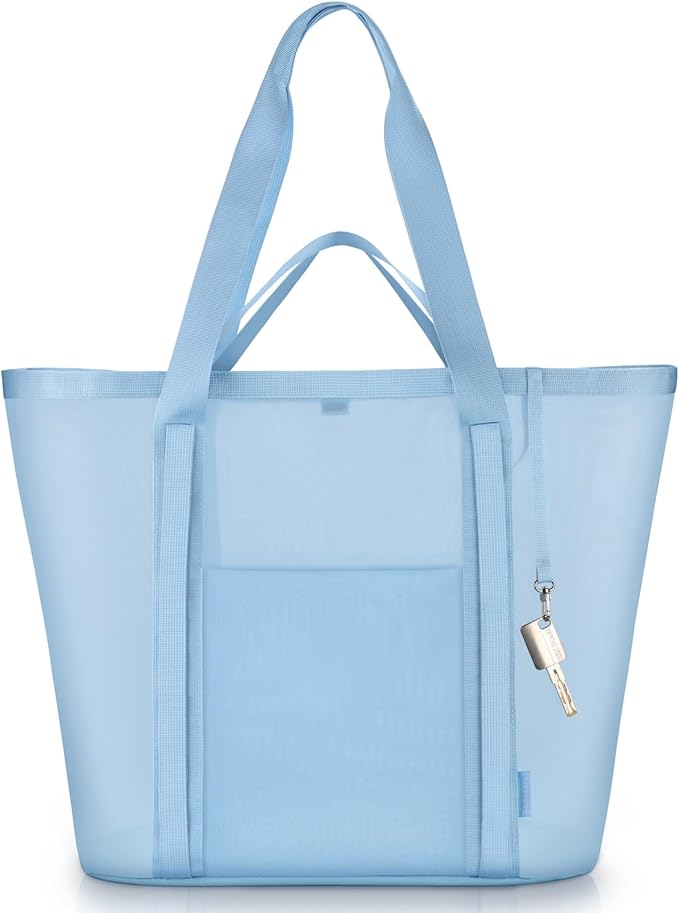 Mesh Beach Bag for Women with Towel Straps, Large Rinse-Through Beach Tote for Pool, Cruise & Vacation Essentials(Blue)