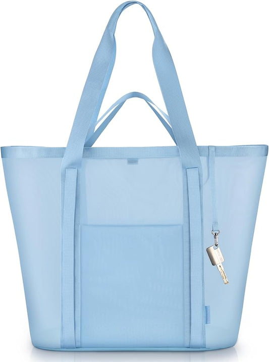 Mesh Beach Bag for Women with Towel Straps, Large Rinse-Through Beach Tote for Pool, Cruise & Vacation Essentials(Blue)