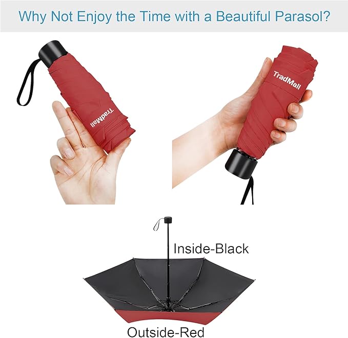 TradMall Mini Travel Umbrella, Portable Lightweight Compact Parasol with 95% UV Protection for Sun & Rain