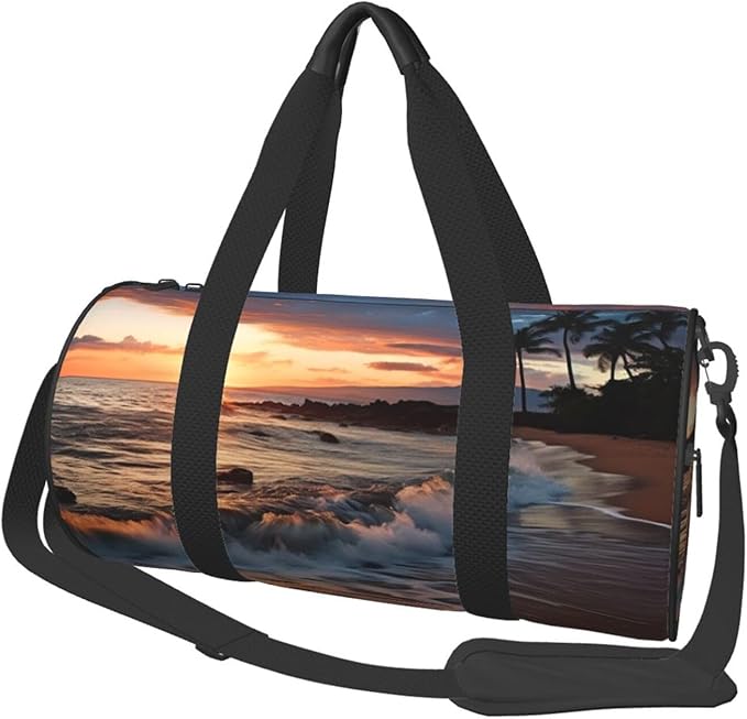 Beach Maui Hawaii Sunset Sea Waves Clouds Sports Gym Bag for Women Men Travel Duffel Bag Tote Weekender Bag Canvas Carry on Overnight Bag for Travel Swimming Fitness Workout Sports Duffle Bag