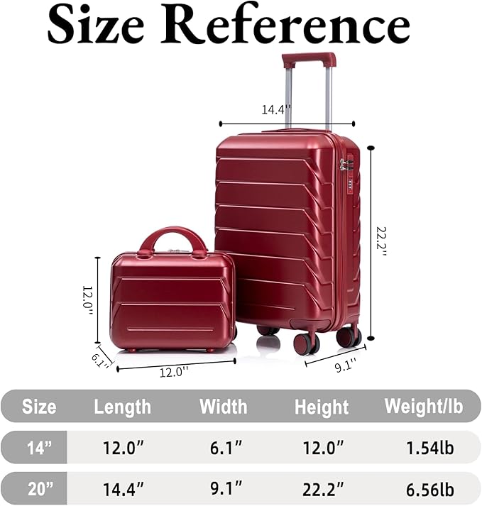 2-Piece ABS Hard Shell Lightweight Carry-On Luggage Set (14" & 20"), 360-Degree Spinner Wheels, Adjustable Telescopic Handle and Combination Lock for Travel, Wine Red