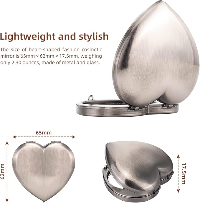 Mini Vintage Heart Elegant Metall Makeup Mirror, Portable 1X/2X Magnifier (Silver)