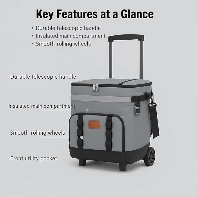 Insulated Rolling Cooler with Wheels - Soft Leak Proof Ice Chest for Camping, Travel and Lunch - Portable Wheeled Advanced Insulation