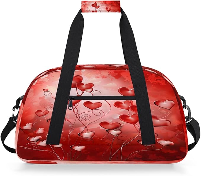 Red Heart Floral Pattern Sports Duffel Bags, Water-Resistant Gym Duffle Bag for Men Women, Lightweight Weekender Overnight Bag for Fitness, Workout, Travel