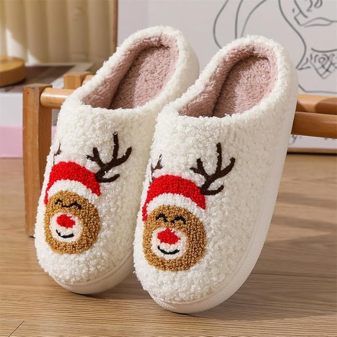 Unisex Xmas Elk Shoes Santa Reindeer Cute Strawberry Cartoon Christmas Tree Pink Bow Memory Foam Soft Plush House Slippers Indoor/Outdoor