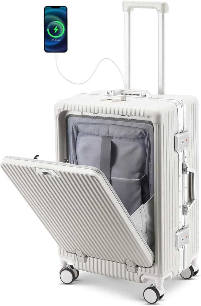 20 Inch Aluminum Frame Carry On Luggage with Front Pocket, USB Port, Phone Holder & Cup Holder, Hard Shell Spinner Suitcase for Airplane Travel, White