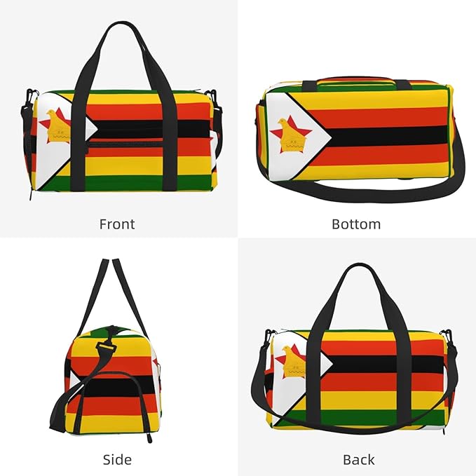 Flag of Zimbabwe Print Gym Bag with Shoe Compartment for Women Men, 17.7in Sports Duffle Weekender Tote, Overnight Travel Duffel Bag Carry On