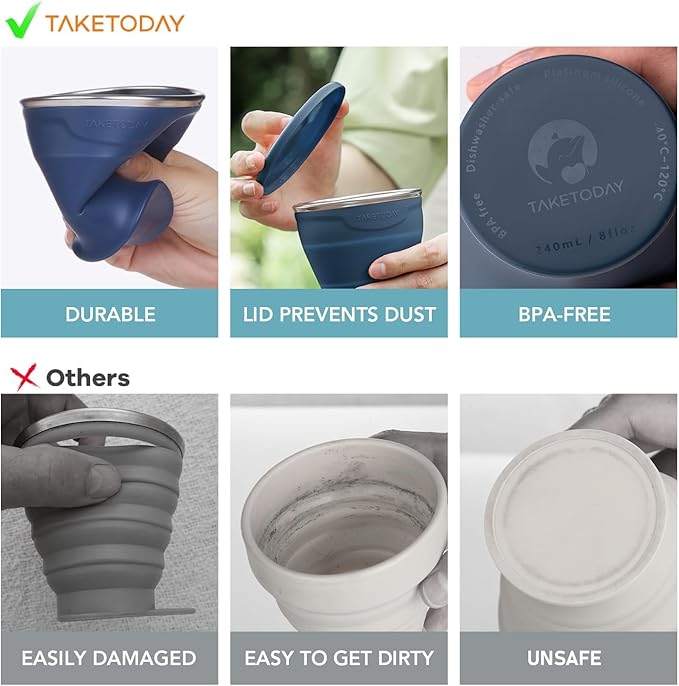 TakeToday 4PCS Collapsible Travel Cup 8 oz - Silicone Foldable Water Cup, BPA-Free with Lid & Waterproof Bag - Drinking Cup Set for Camping, Outdoors & International Travel