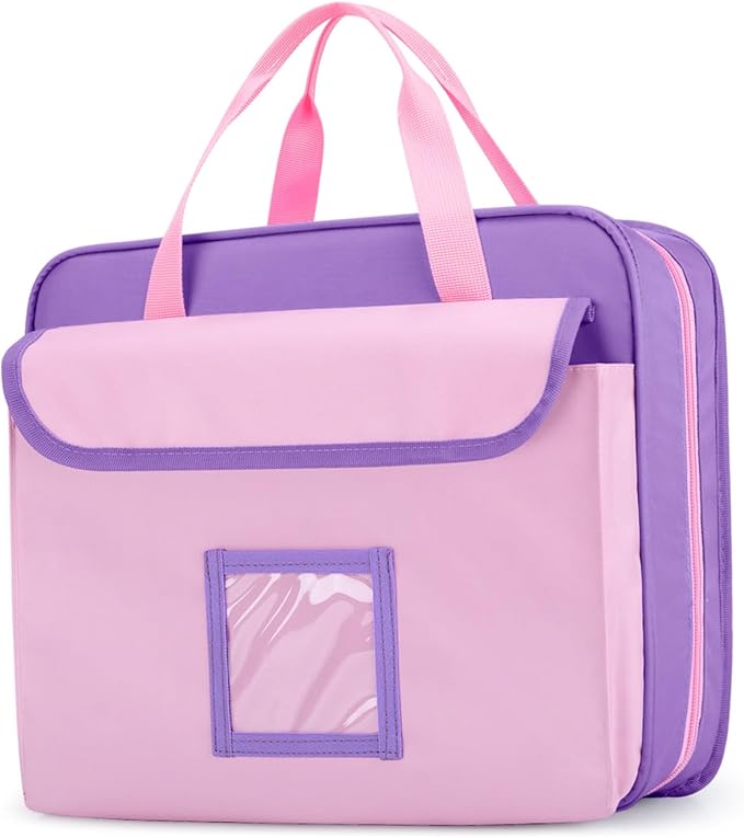 Zipper Document Bag for Boys and Girls, 9 Expandable Folders, Baby Portfolio Organizer Case with Customized Photo and Name Areas, Pink
