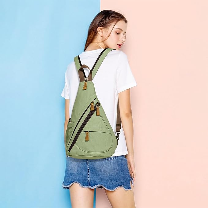 KL928 Canvas Sling Bag - Small Crossbody Backpack Shoulder Casual Daypack Rucksack for Men Women(MatchaGreen)