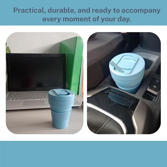 Collapsible Silicone Cup 12 oz – BPA Free Reusable Travel Cup with Lid & Straw – Foldable Pocket Size for Hot & Cold Drinks – Camping, Hiking, Office, Outdoor (Blue)
